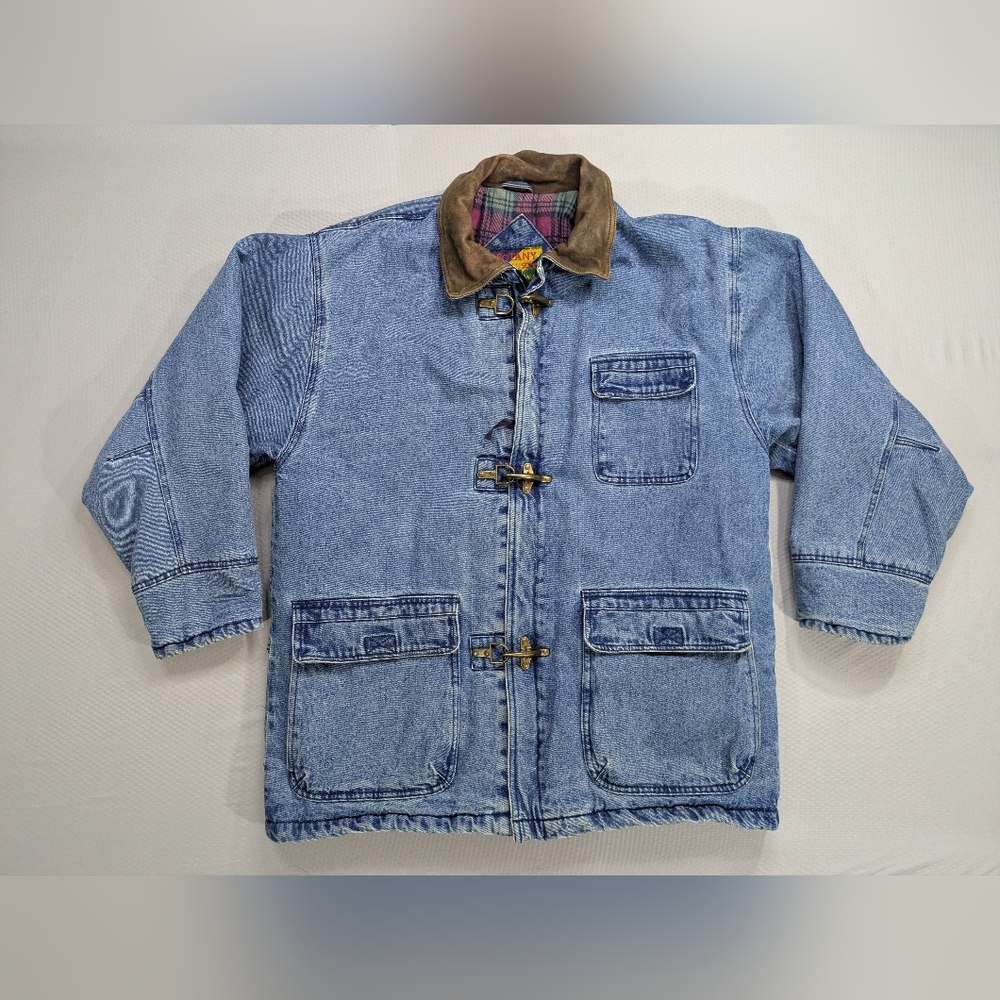 Vintage Botany 500 Heavy Denim Fireman Clasp Jacket Blanket Flannel Lined Mens L